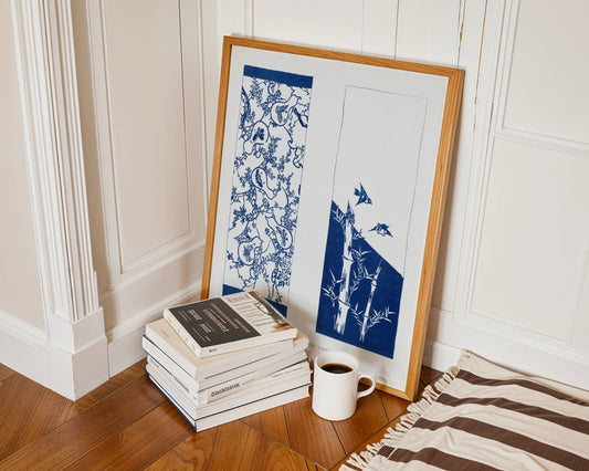 Blue and White Towels, vintage wall art, Japanese painting by G.A. Audsley