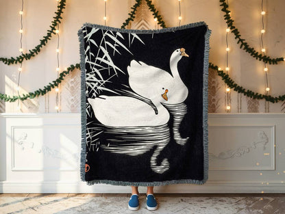 White Geese: Throw Blanket, Woven Blanket, Tapestry Blanket, Woven Throws, Japanese Woodblock Print, Picnic Blanket, Housewarming Gift