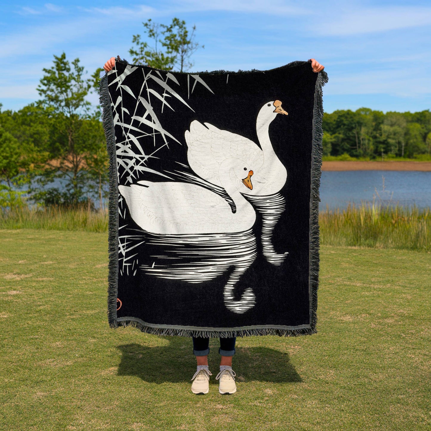 White Geese: Throw Blanket, Woven Blanket, Tapestry Blanket, Woven Throws, Japanese Woodblock Print, Picnic Blanket, Housewarming Gift